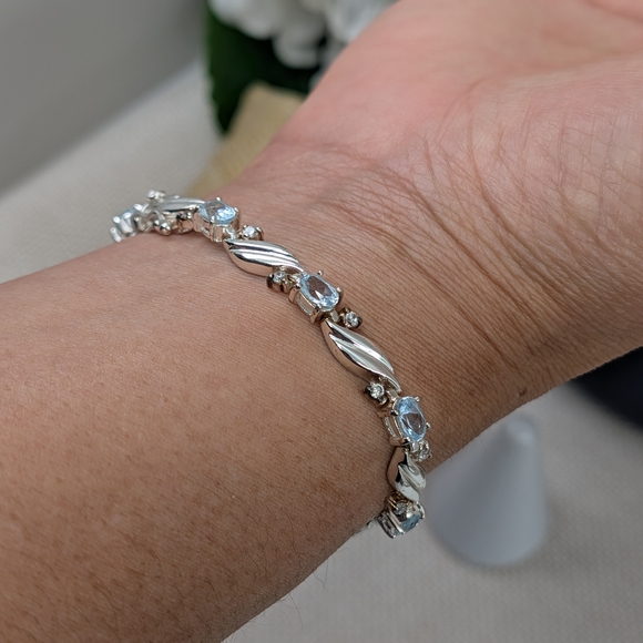 925 Sterling Silver Blue Topaz & CZ Link Bracelet 8” | Twisted Leaf Design - Picture 6 of 16